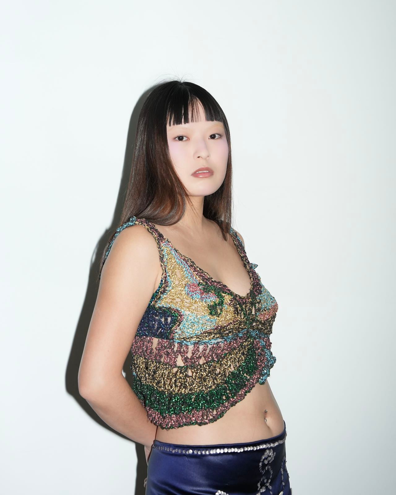 PE99Y YAN9 Crochet Knitted Metallic Buterfly Illusion Crop Top