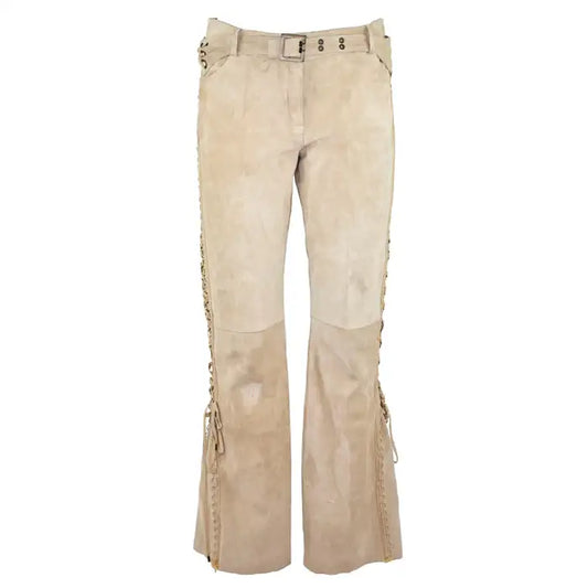 Christian Dior by John Galliano Runway Punk Bandage Gold Logo Plate Beige Suede Flare Trouser