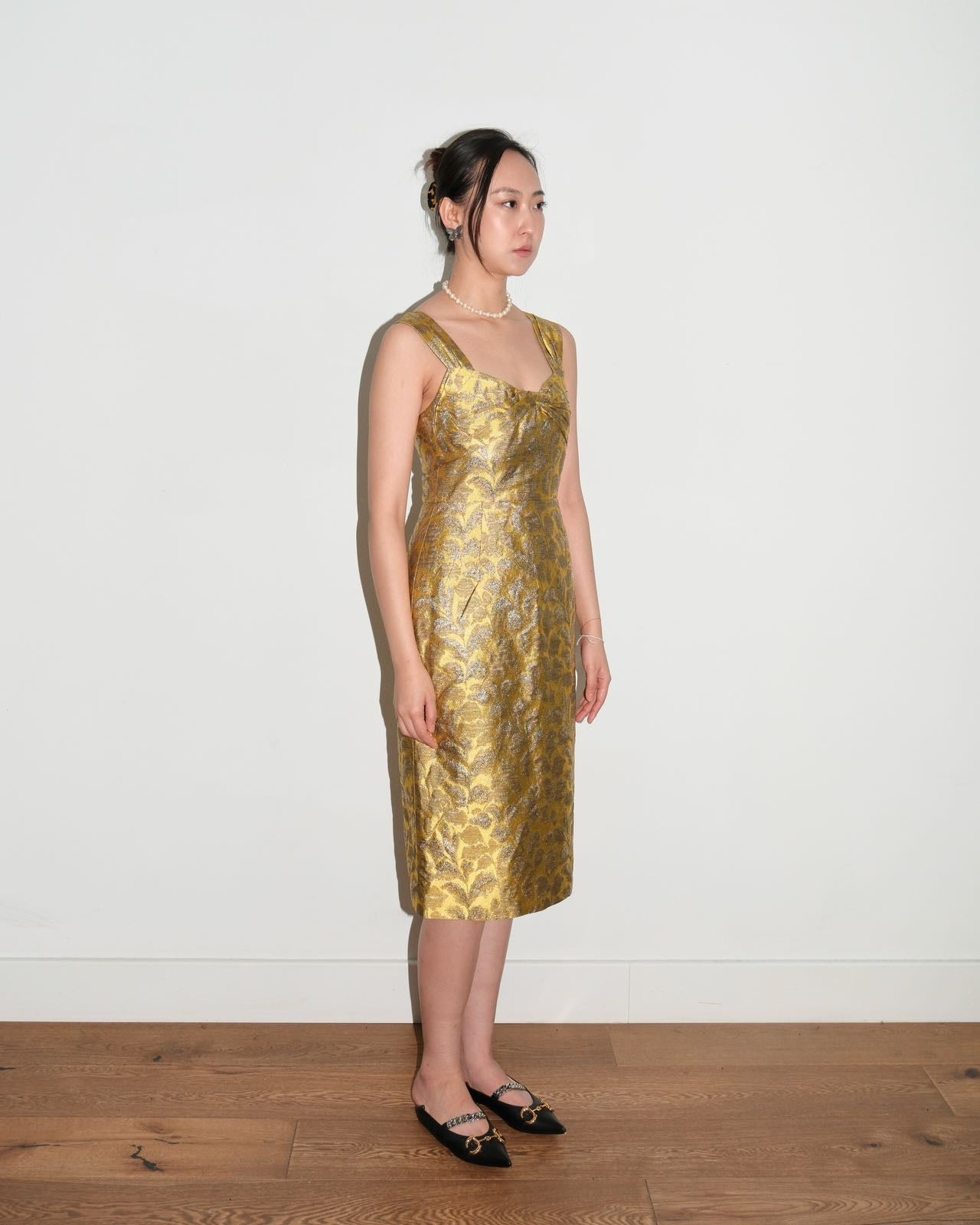 Prada Gold Pettern Luxury Textile Elegant A-Line Dress