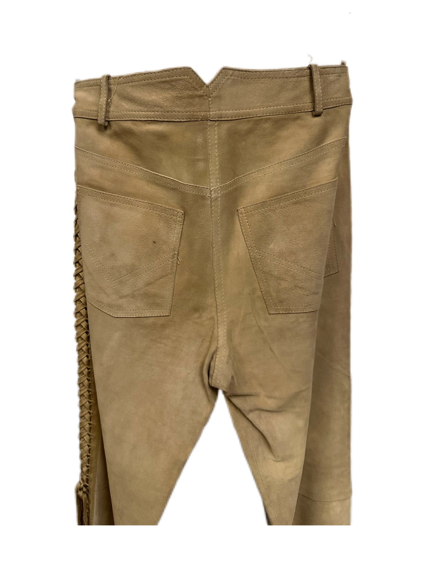 Christian Dior by John Galliano Runway Punk Bandage Gold Logo Plate Beige Suede Flare Trouser