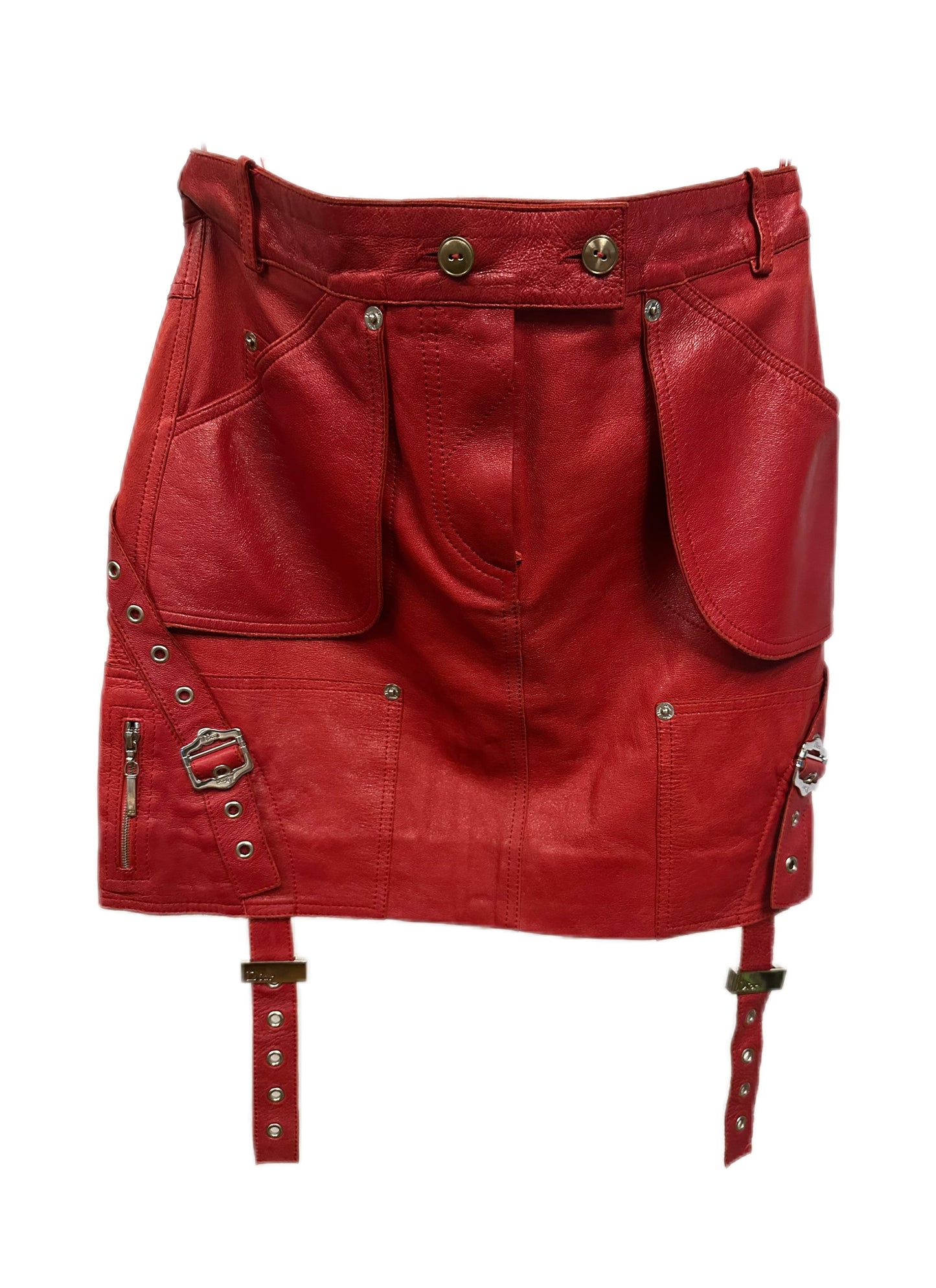 Christian Dior by John Galliano Y2K Punk Red Leather Bandage Skirt