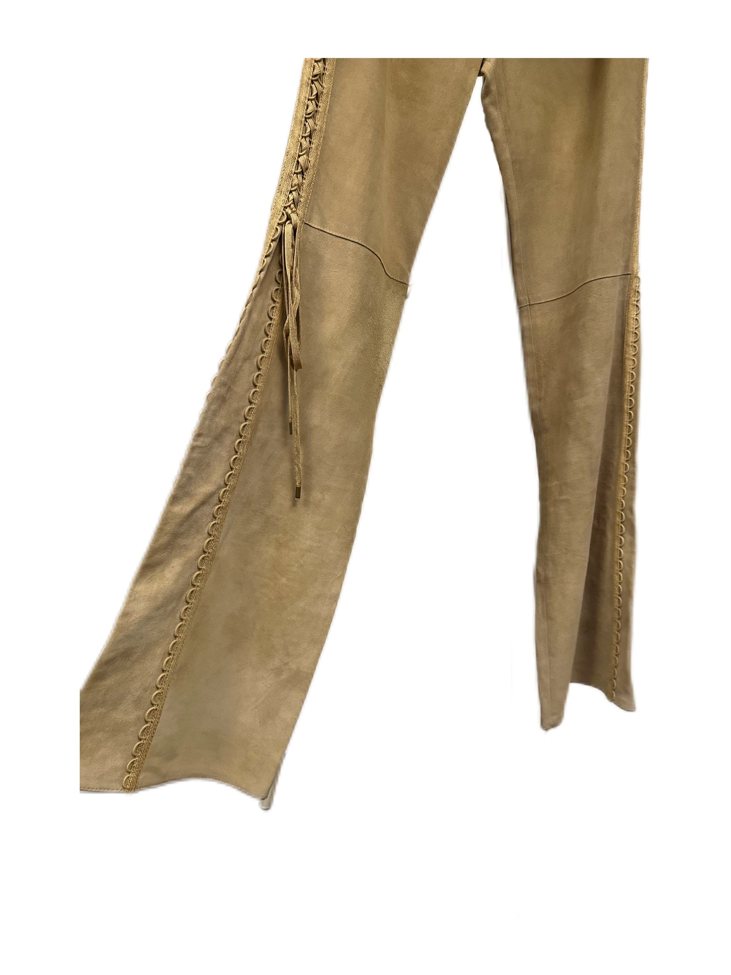 Christian Dior by John Galliano Runway Punk Bandage Gold Logo Plate Beige Suede Flare Trouser