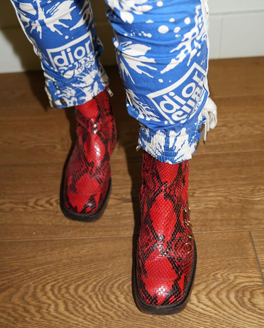 Marni Red Snake Print Leather Ankle Boots