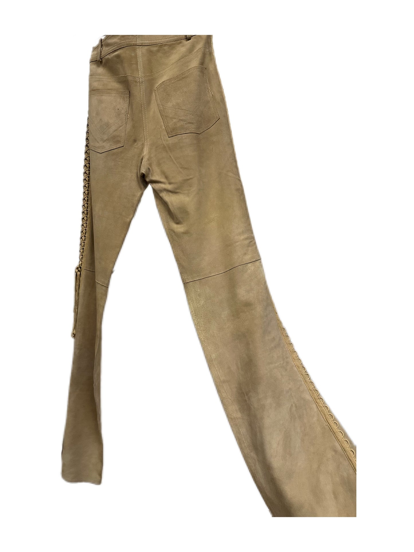 Christian Dior by John Galliano Runway Punk Bandage Gold Logo Plate Beige Suede Flare Trouser