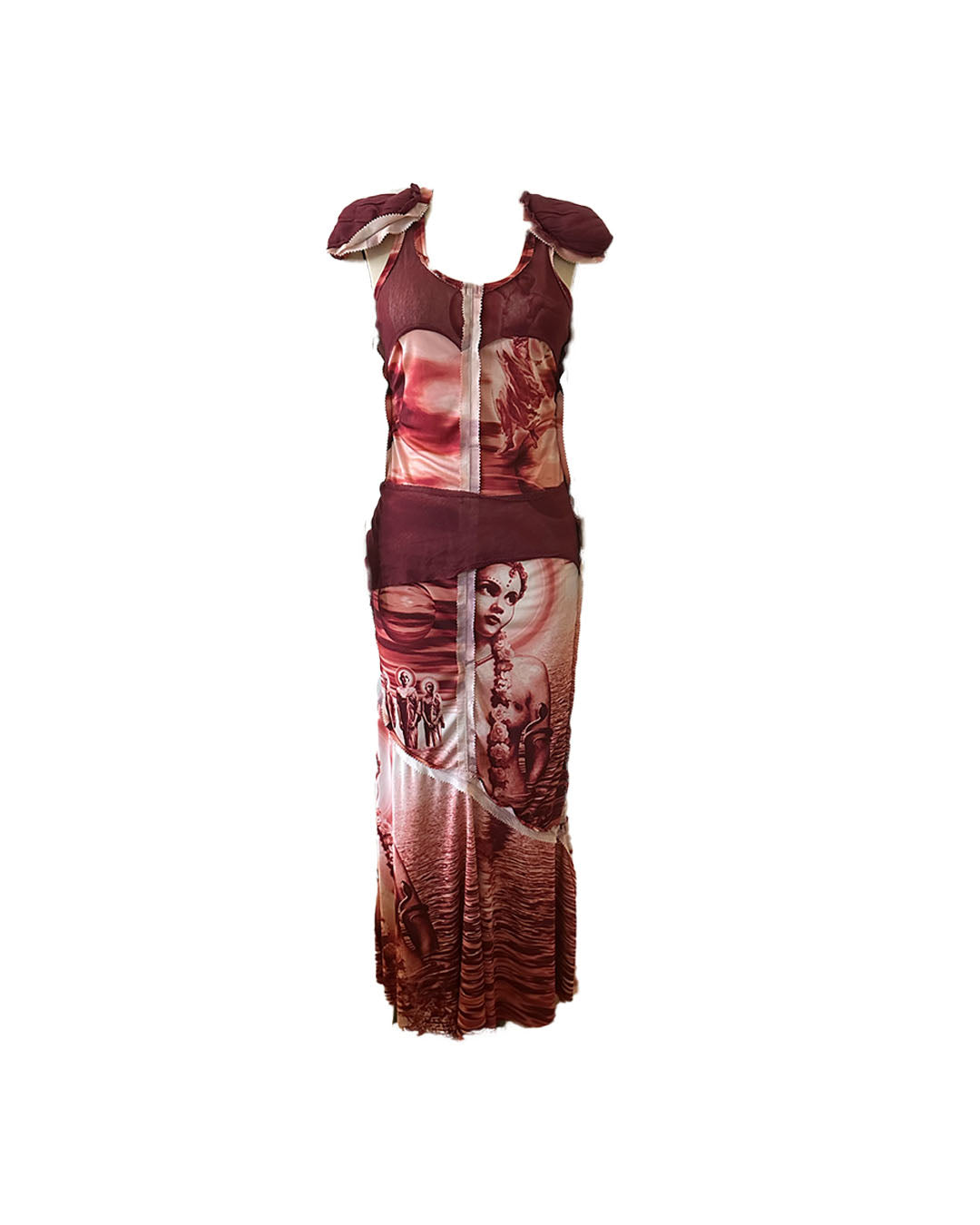 Jean Paul Gaultier Y2K Rare Goddess Print Maxi dress with Padded Shoulder Piece Set