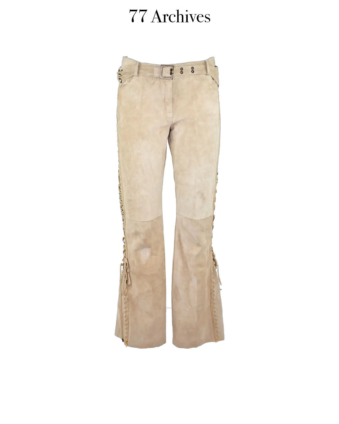 Christian Dior by John Galliano Runway Punk Bandage Gold Logo Plate Beige Suede Flare Trouser