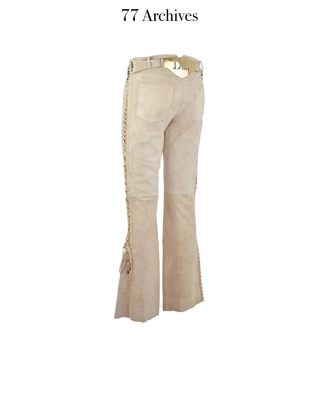 Christian Dior by John Galliano Runway Punk Bandage Gold Logo Plate Beige Suede Flare Trouser