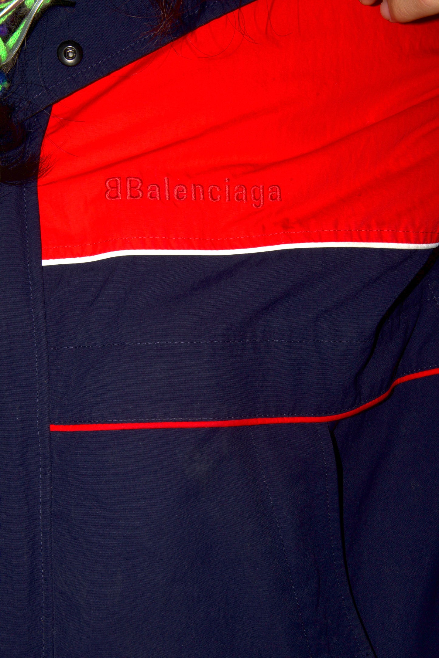 Balenciaga Men's Red and Navy Colour Block Down Ski Bomber Jacket