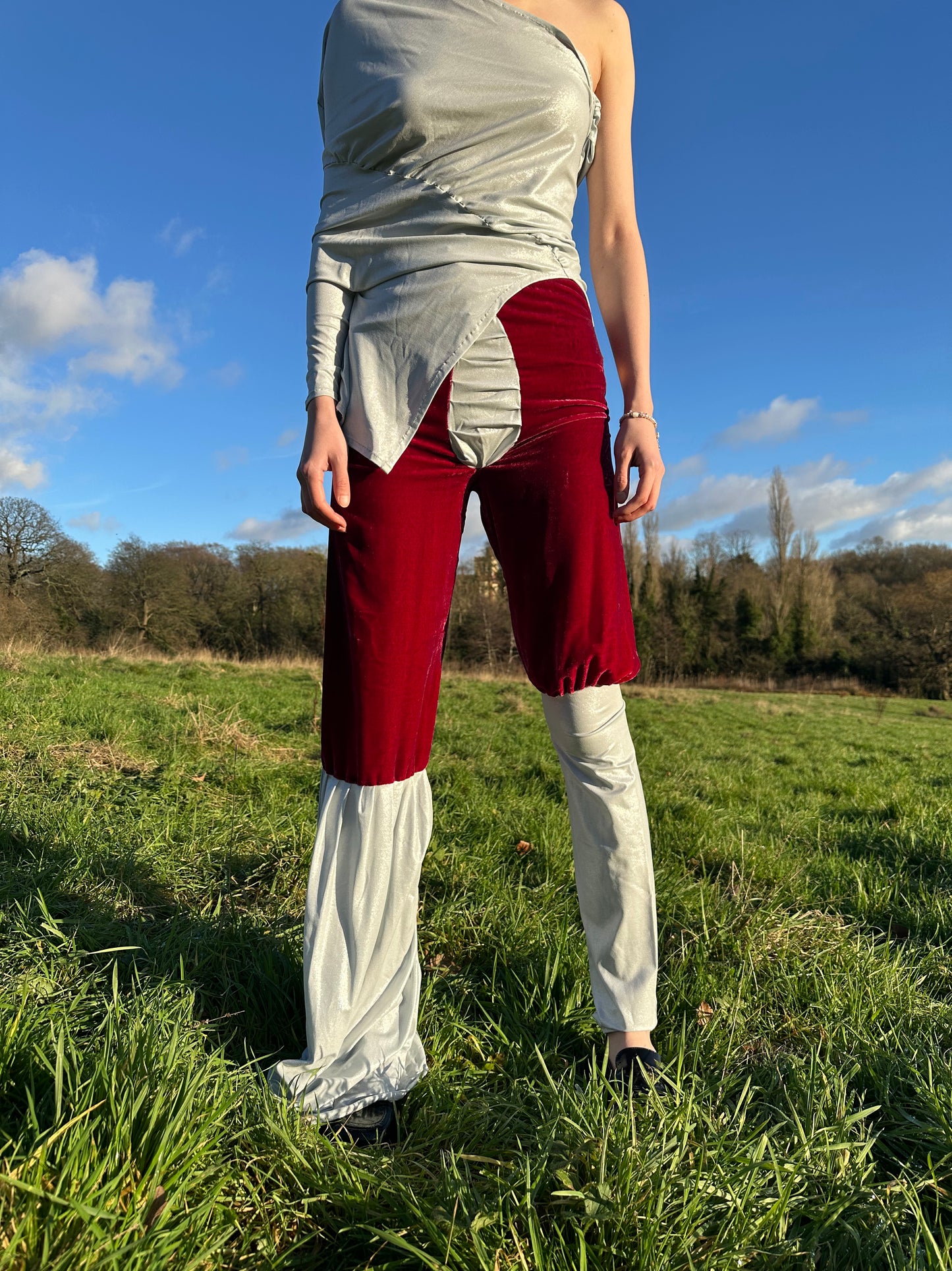 PE99Y YAN9 Luxury Burgundy Velvet + Pearl Silver Jersey Mixed Fabric Asymetrical Trousers