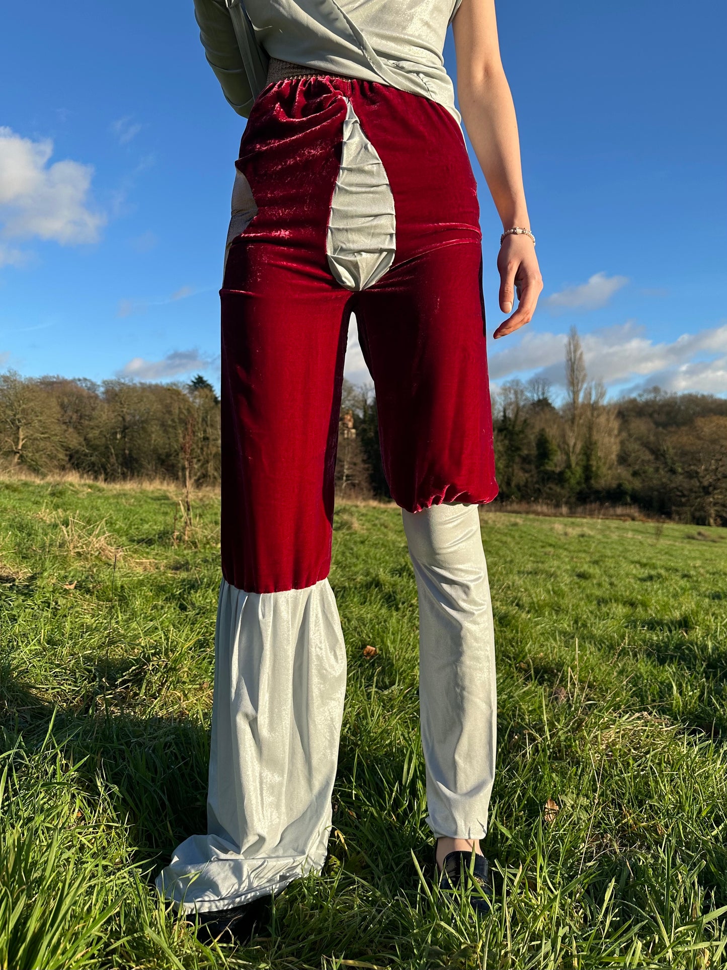 PE99Y YAN9 Luxury Burgundy Velvet + Pearl Silver Jersey Mixed Fabric Asymetrical Trousers