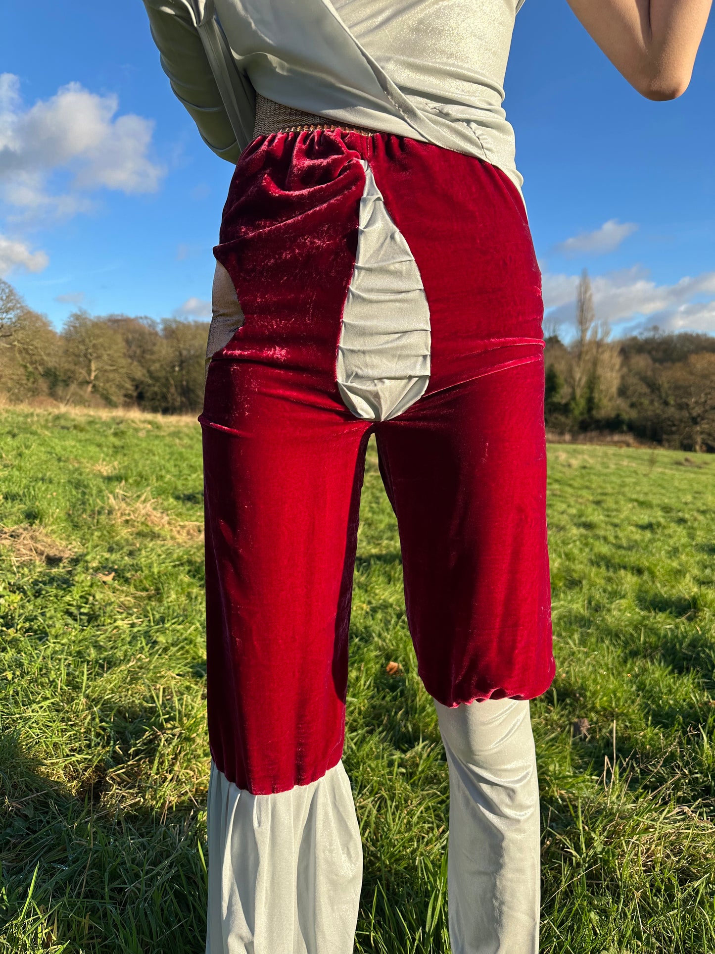 PE99Y YAN9 Luxury Burgundy Velvet + Pearl Silver Jersey Mixed Fabric Asymetrical Trousers