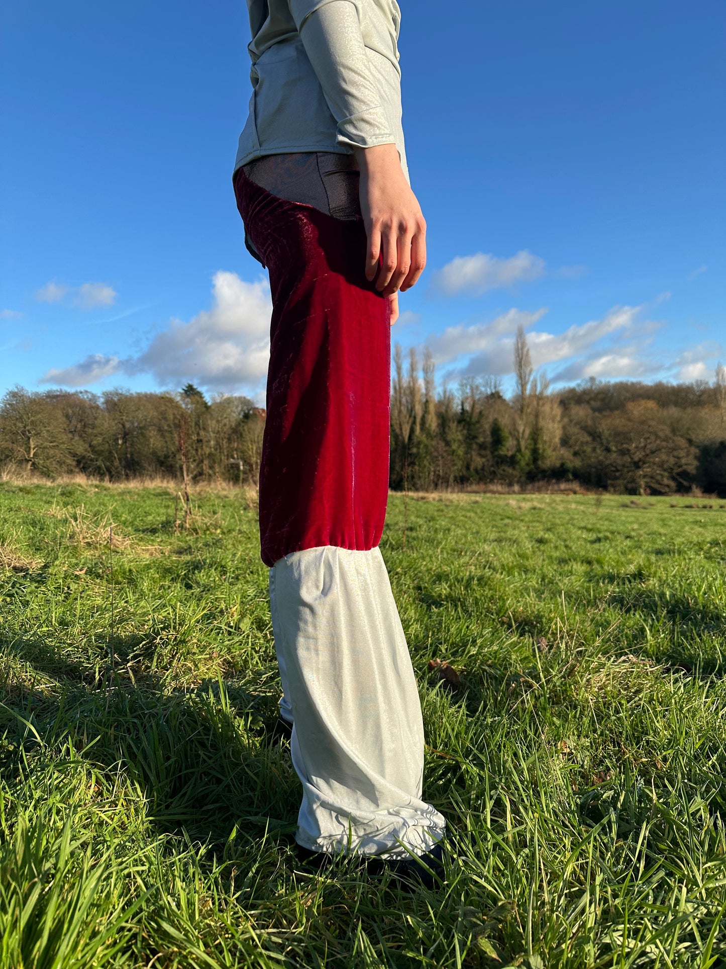 PE99Y YAN9 Luxury Burgundy Velvet + Pearl Silver Jersey Mixed Fabric Asymetrical Trousers