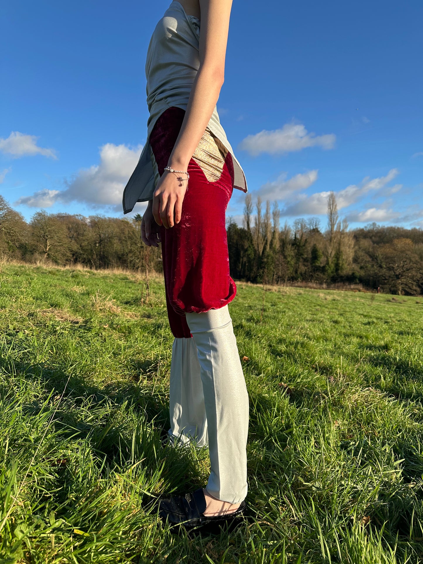 PE99Y YAN9 Luxury Burgundy Velvet + Pearl Silver Jersey Mixed Fabric Asymetrical Trousers