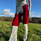 PE99Y YAN9 Luxury Burgundy Velvet + Pearl Silver Jersey Mixed Fabric Asymetrical Trousers