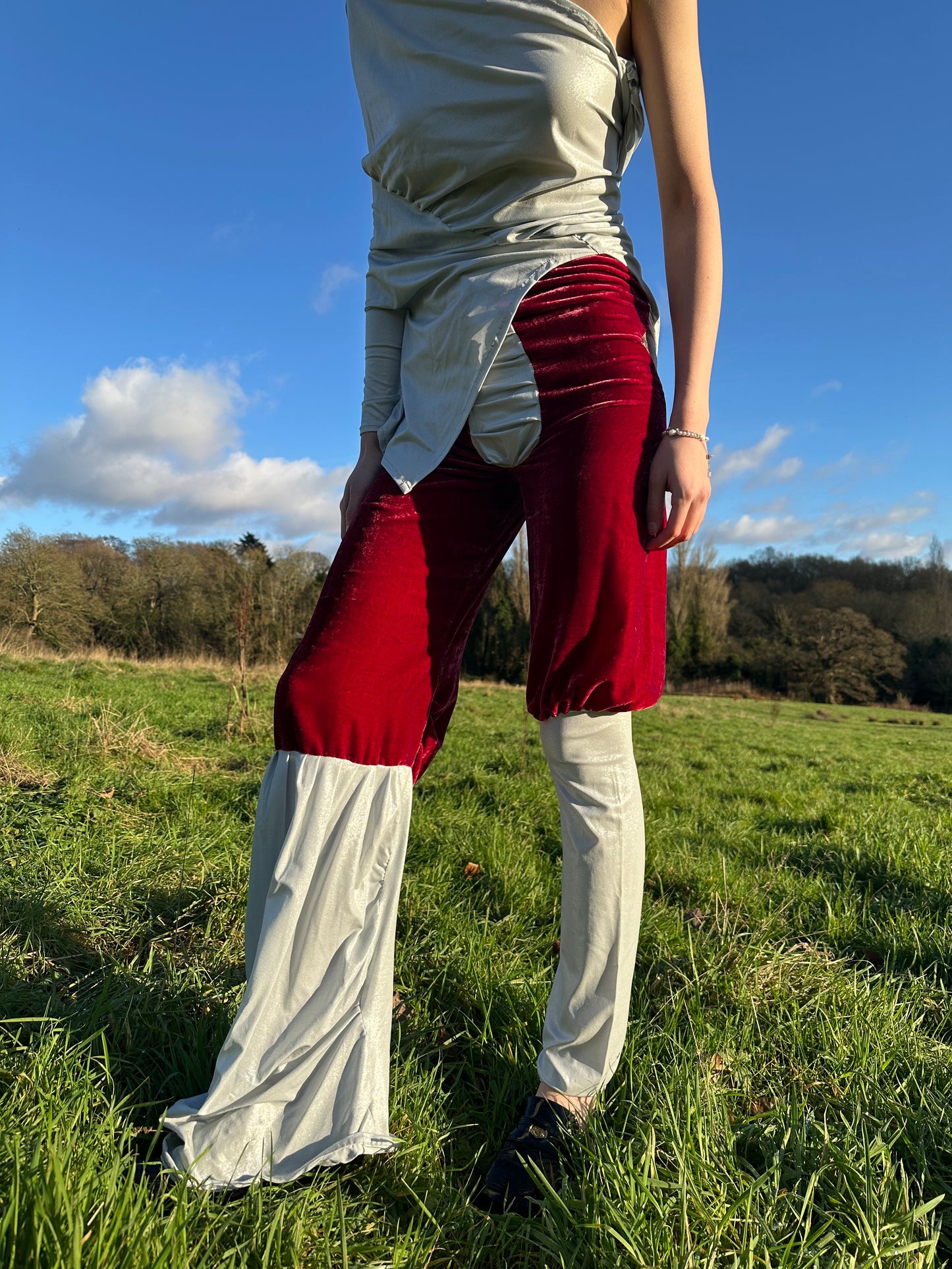 PE99Y YAN9 Luxury Burgundy Velvet + Pearl Silver Jersey Mixed Fabric Asymetrical Trousers