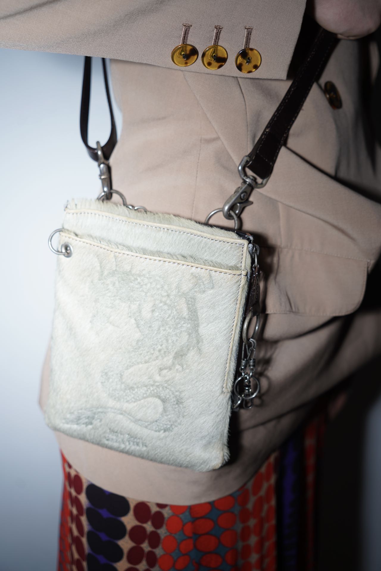 Jean Paul Gaultier Vintage Y2K White Embossed Dragon Horse Hair Cross Body Leather Bag