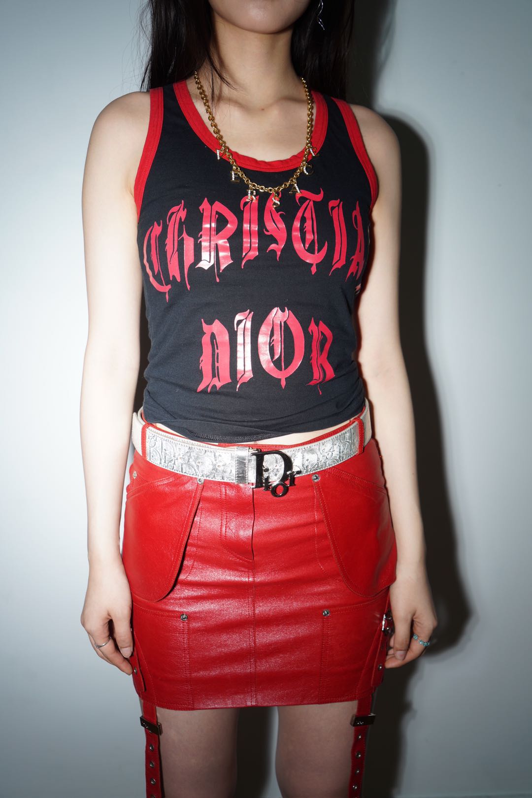 Christian Dior by John Galliano Y2K 2002 Red and Black Gothic Punk Letters Runway Tank Top