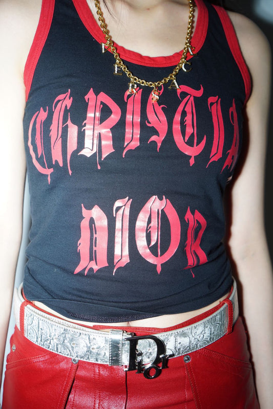 Christian Dior by John Galliano Y2K 2002 Red and Black Gothic Punk Letters Runway Tank Top