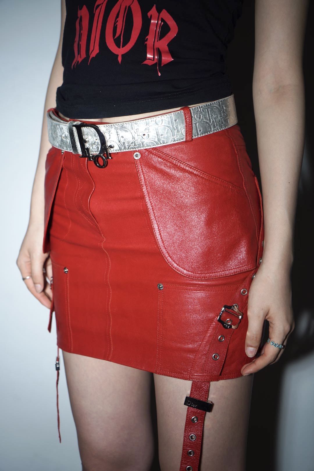 Christian Dior by John Galliano Y2K Punk Red Leather Bandage Skirt