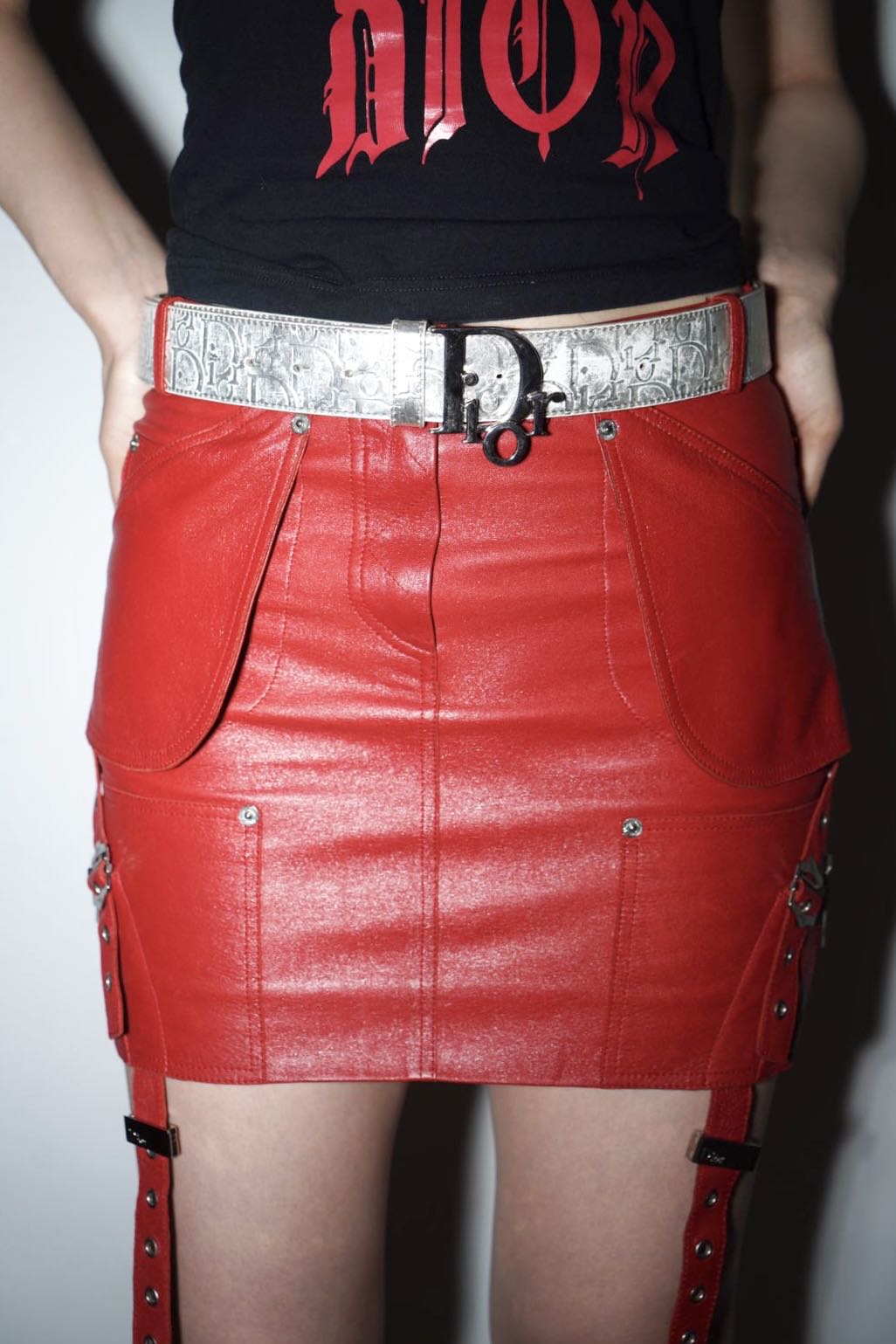 Christian Dior by John Galliano Y2K Punk Red Leather Bandage Skirt