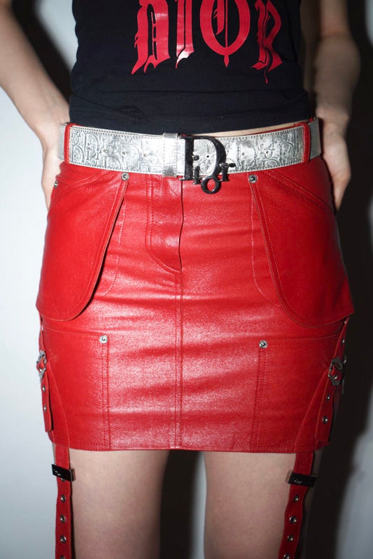 Christian Dior by John Galliano Y2K Punk Red Leather Bandage Skirt