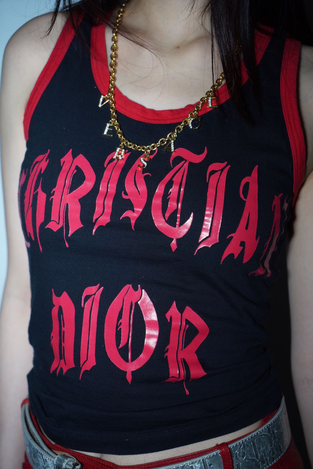 Christian Dior by John Galliano Y2K 2002 Red and Black Gothic Punk Letters Runway Tank Top