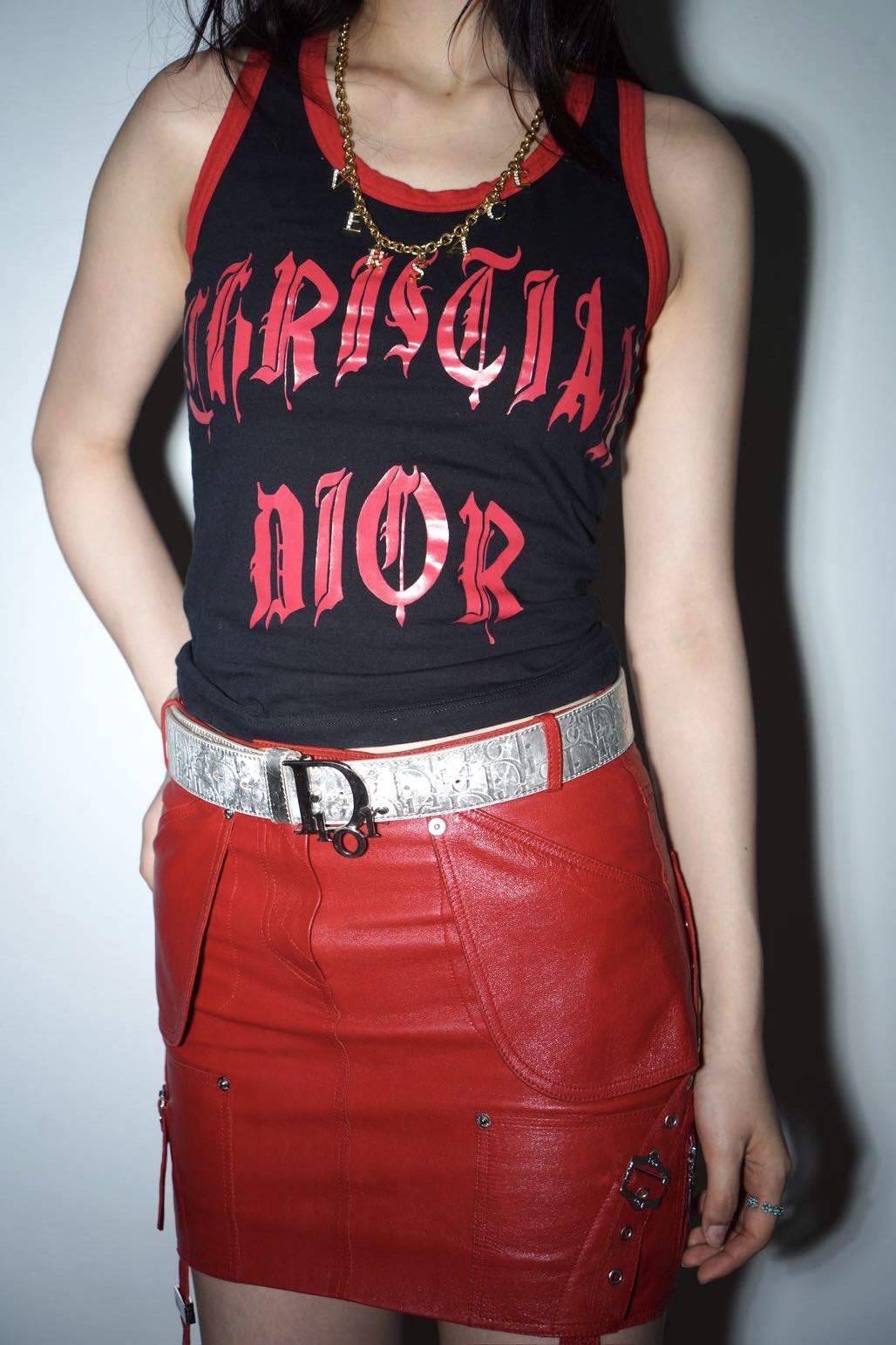 Christian Dior by John Galliano Y2K 2002 Red and Black Gothic Punk Letters Runway Tank Top