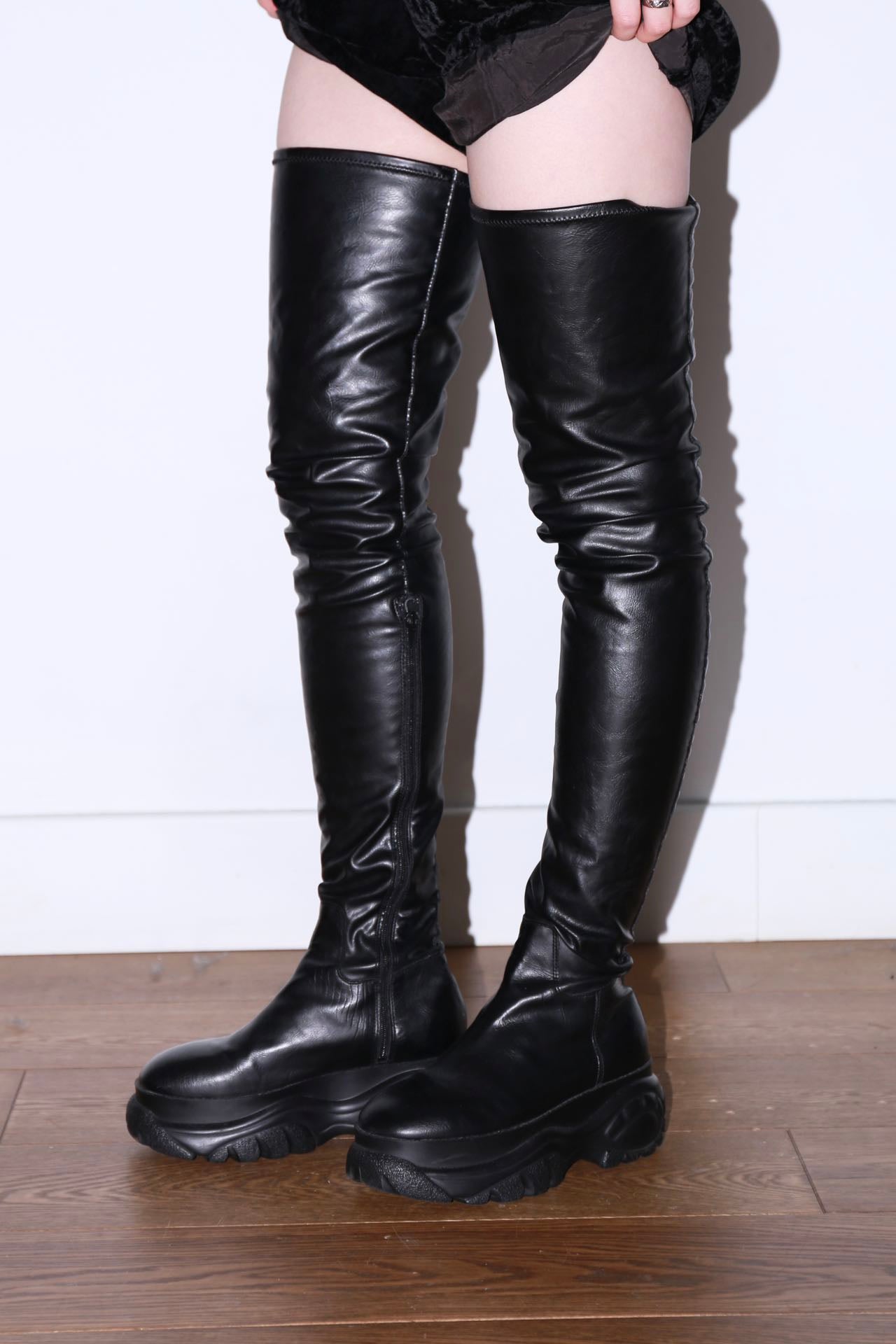 032C X Buffalo Over Knee Black Soft Leather Platform Boots