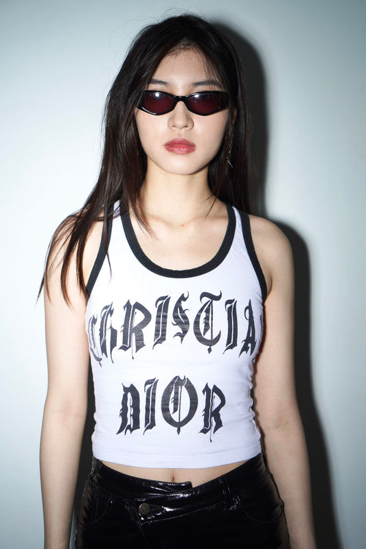 Christian Dior by John Galliano Y2K 2002 White and Black Gothic Punk Letters Runway Tank Top