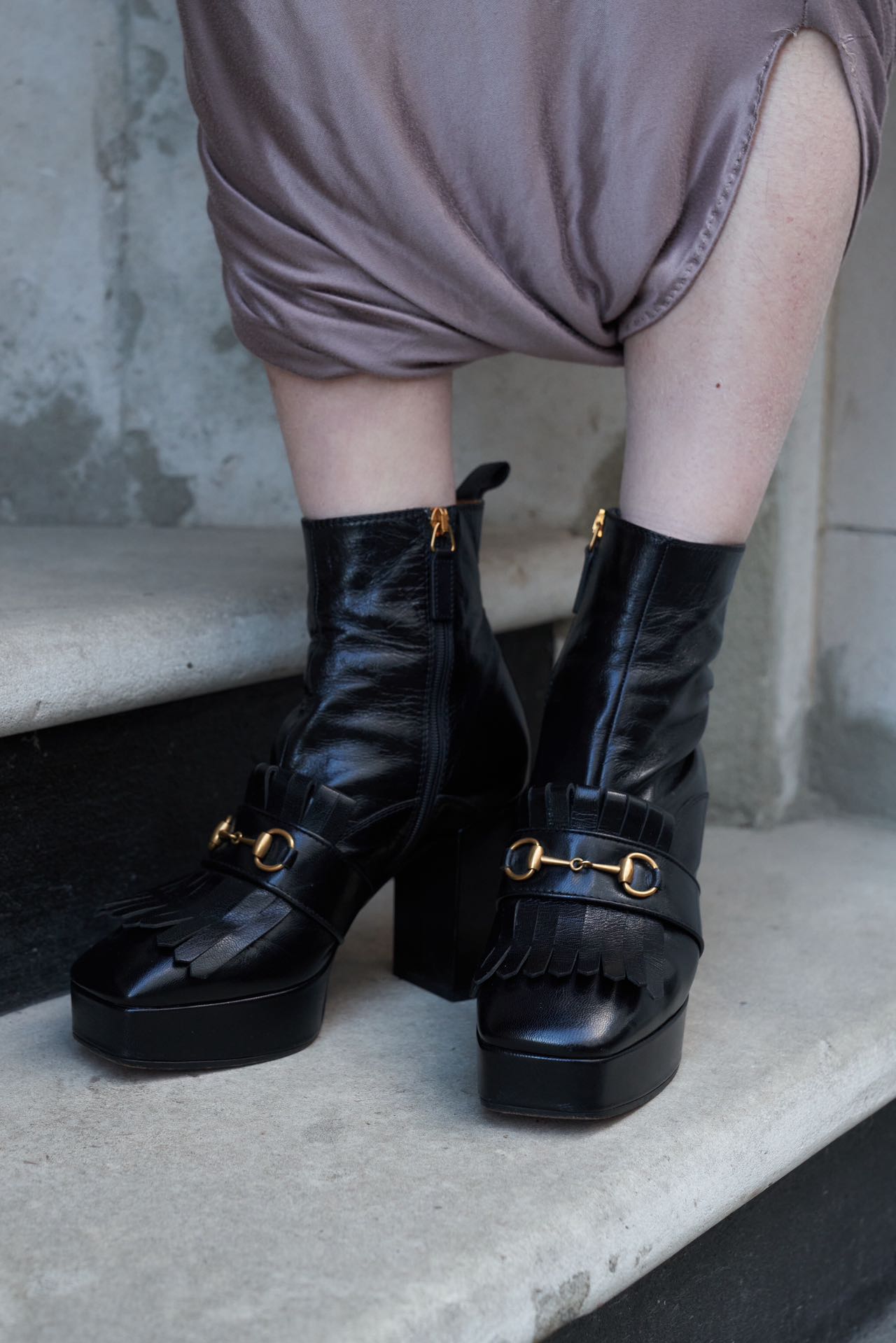 Gucci Black Square Head Leather Fringe Platform Heel Boots