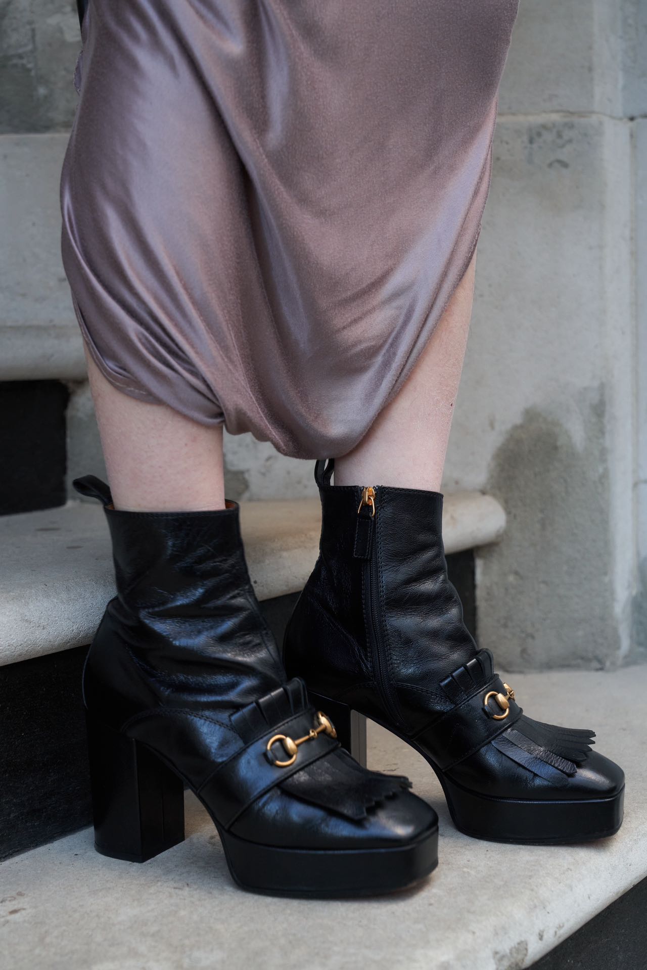 Gucci Black Square Head Leather Fringe Platform Heel Boots