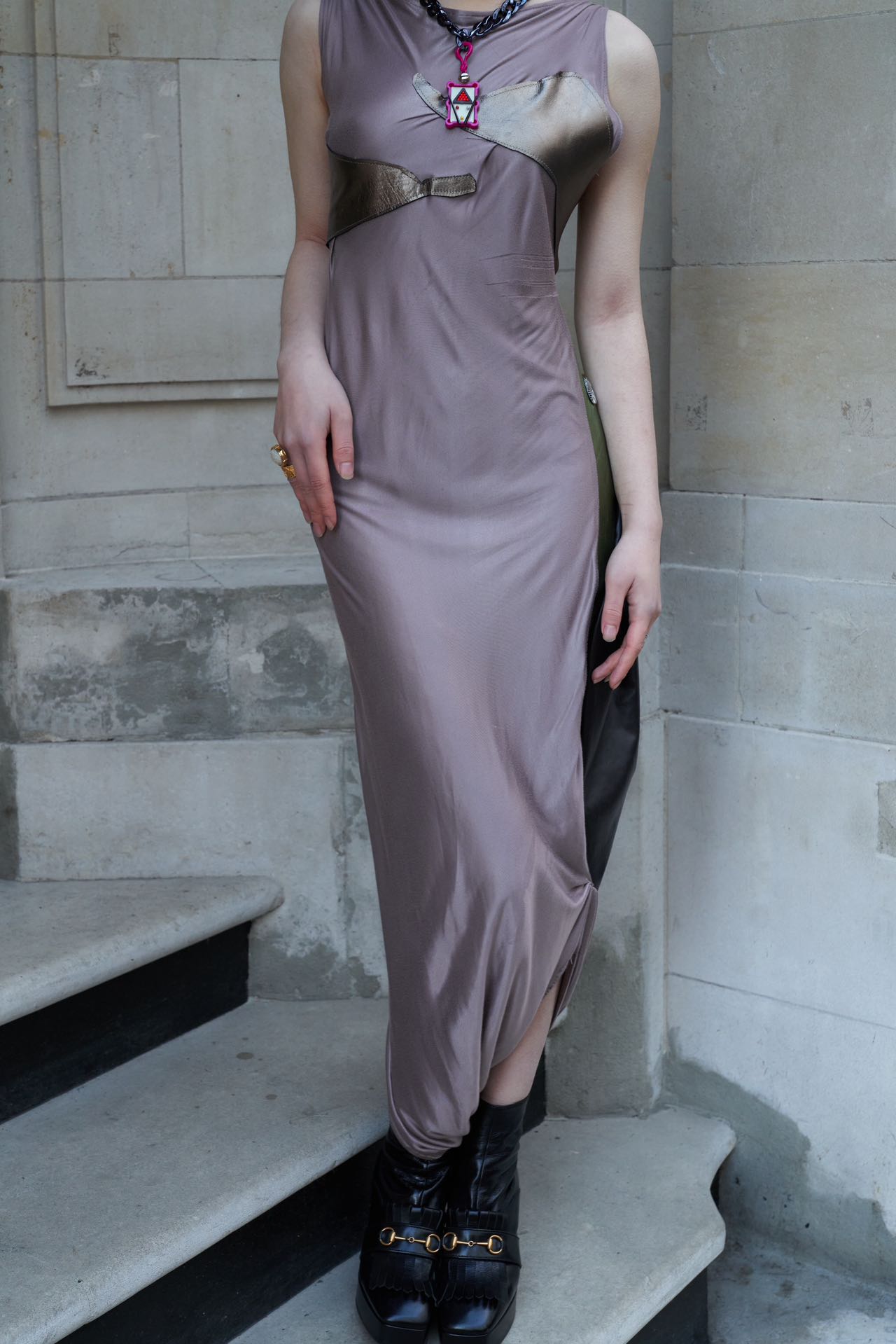 PE99Y YAN9 Exclusive LuxuryMetallic Silk and Leather Geometrical Cutting Tailored Jumpsuit