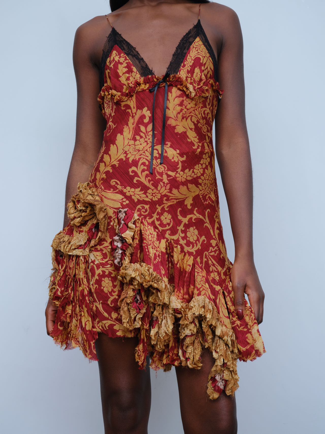 Roberto Cavalli Y2K Runway Floral Lace Red and Gold Silk Dress