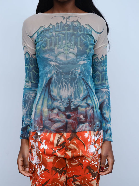 Jean Paul Gaultier Y2K Green Satan Print Mesh Top