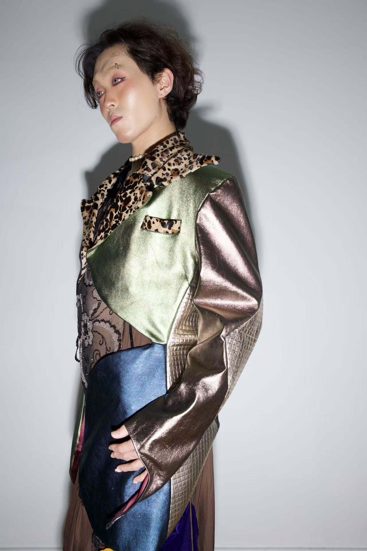 PE99Y YAN9 Metallic Green and Blue Leather Geometric Spiky Tailored Blazer