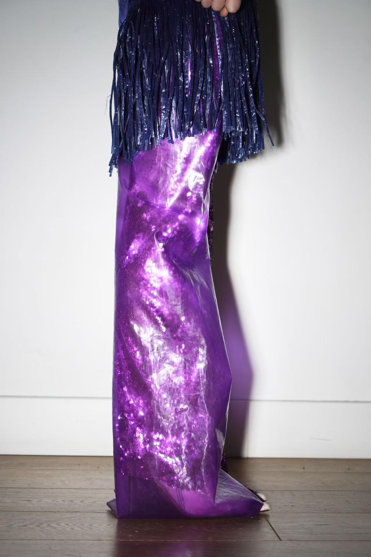 PE99Y YAN9 Asymmetrical Double Layered PVC Sequinned Trousers