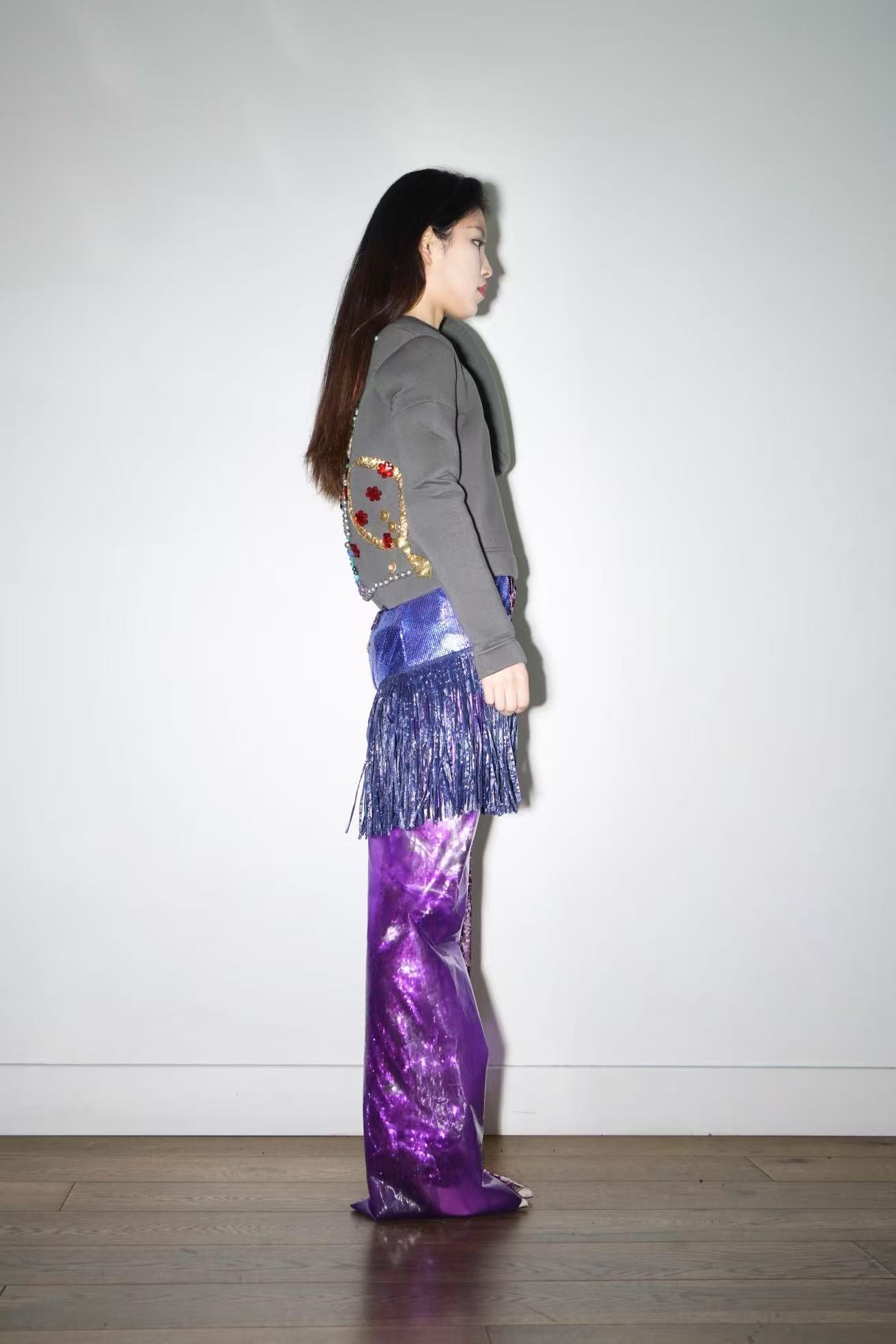 PE99Y YAN9 Asymmetrical Double Layered PVC Sequinned Trousers