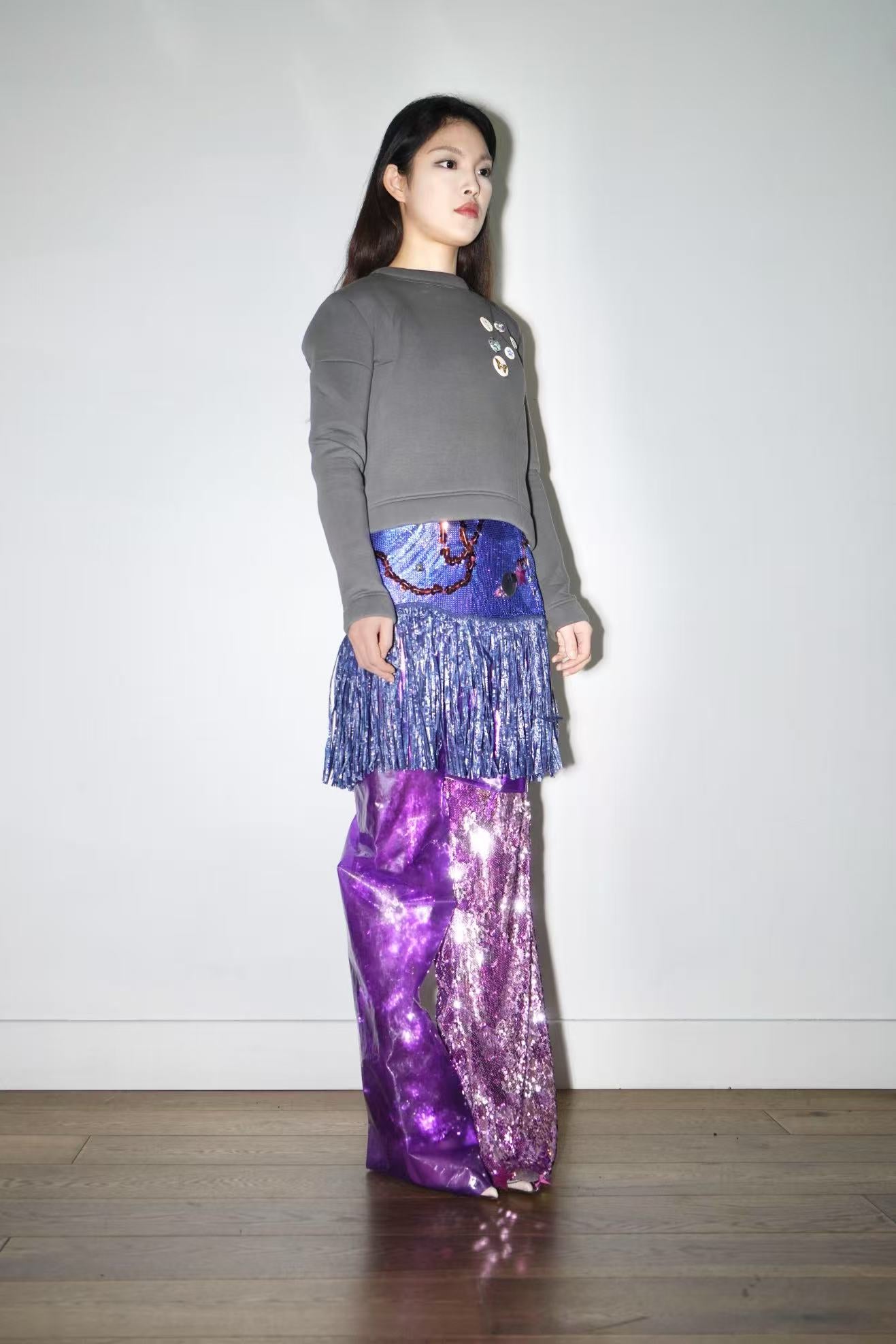 PE99Y YAN9 Asymmetrical Double Layered PVC Sequinned Trousers