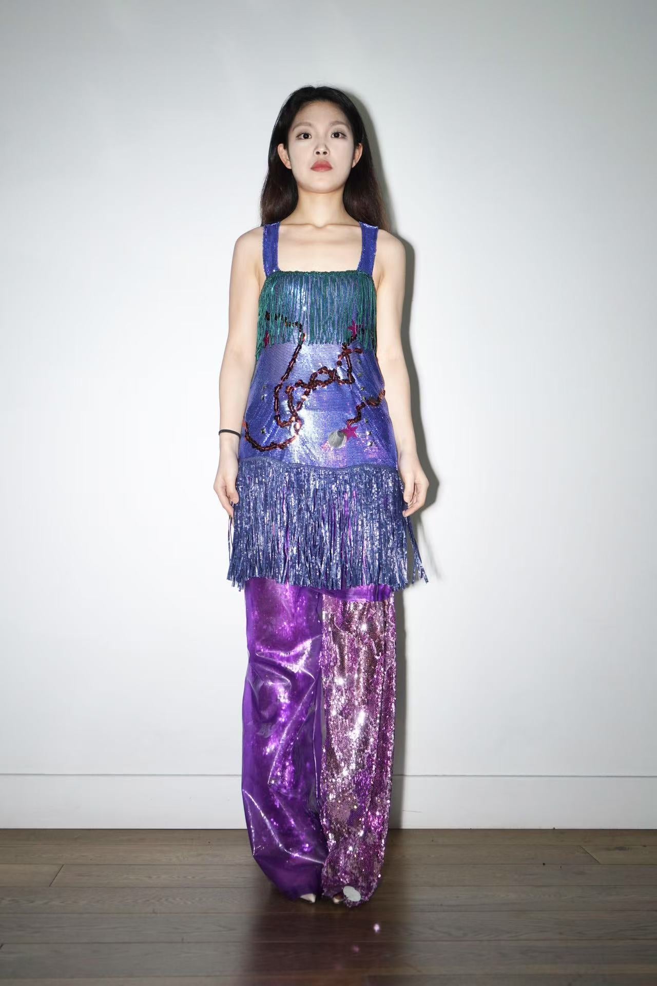 PE99Y YAN9 Blue Chainmail Embroidery Fringe Party Dress