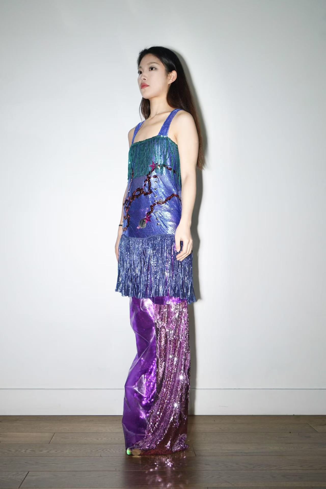 PE99Y YAN9 Blue Chainmail Embroidery Fringe Party Dress