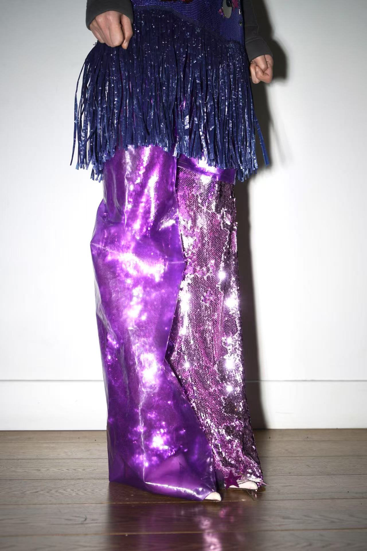 PE99Y YAN9 Asymmetrical Double Layered PVC Sequinned Trousers