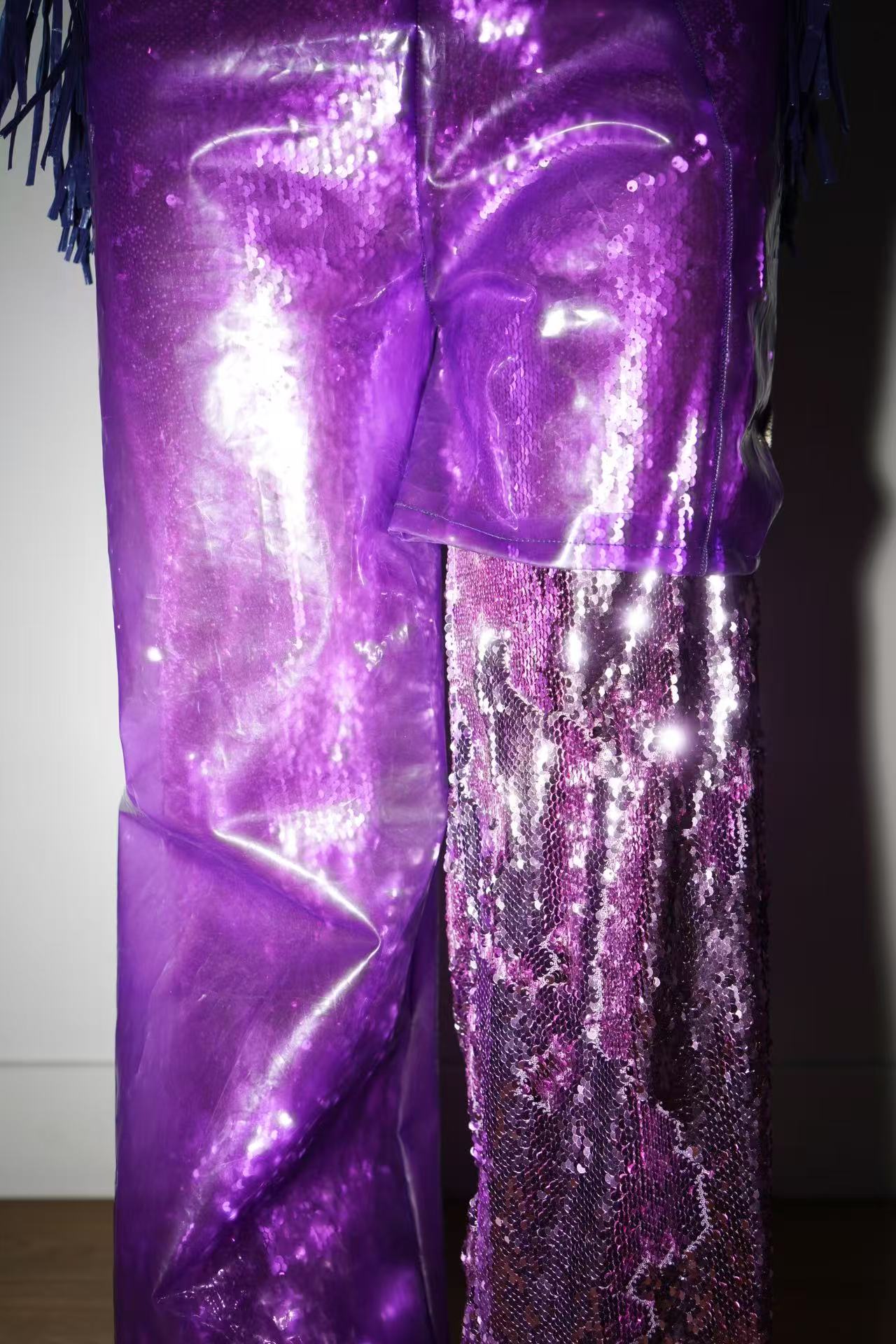 PE99Y YAN9 Asymmetrical Double Layered PVC Sequinned Trousers