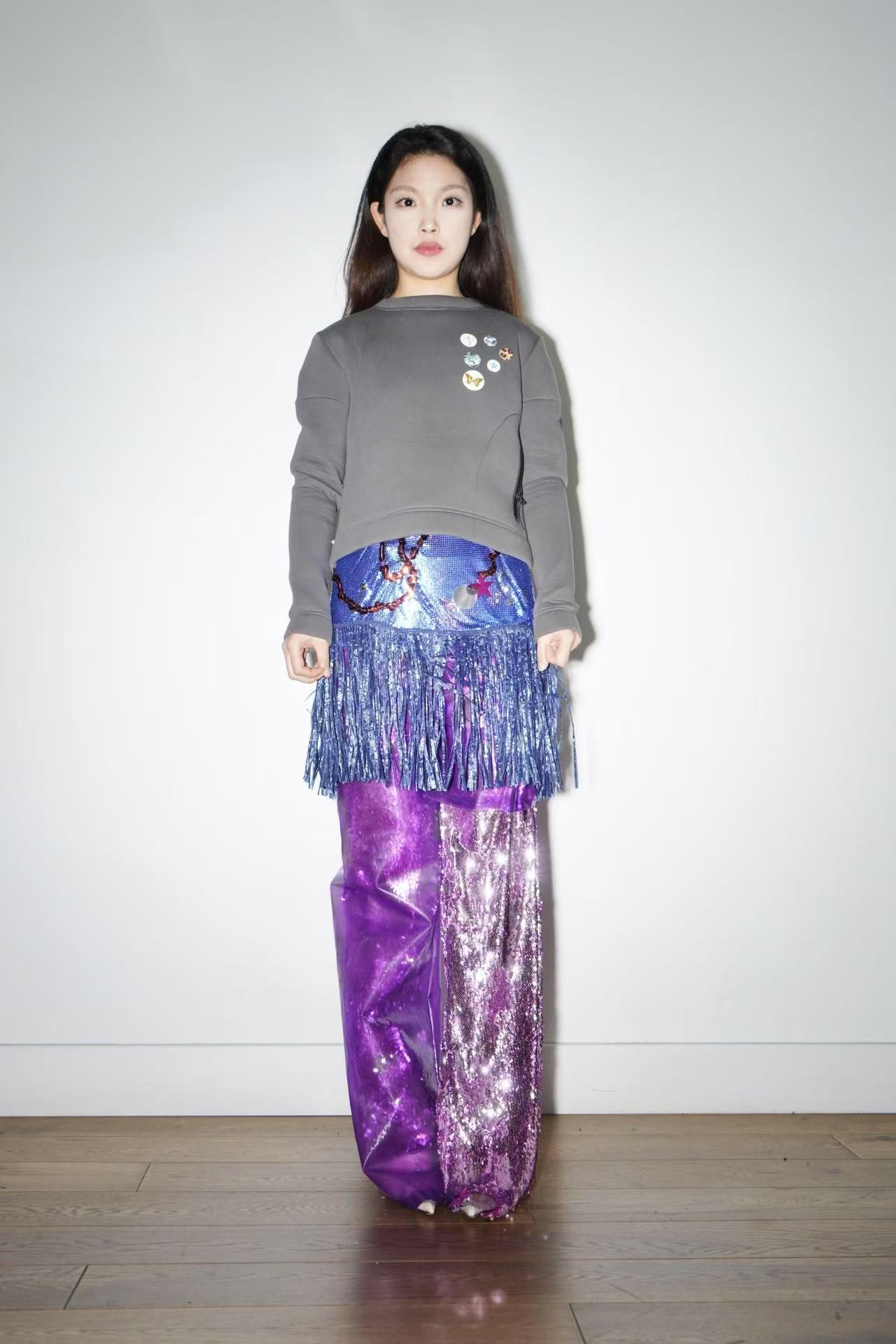 PE99Y YAN9 Asymmetrical Double Layered PVC Sequinned Trousers