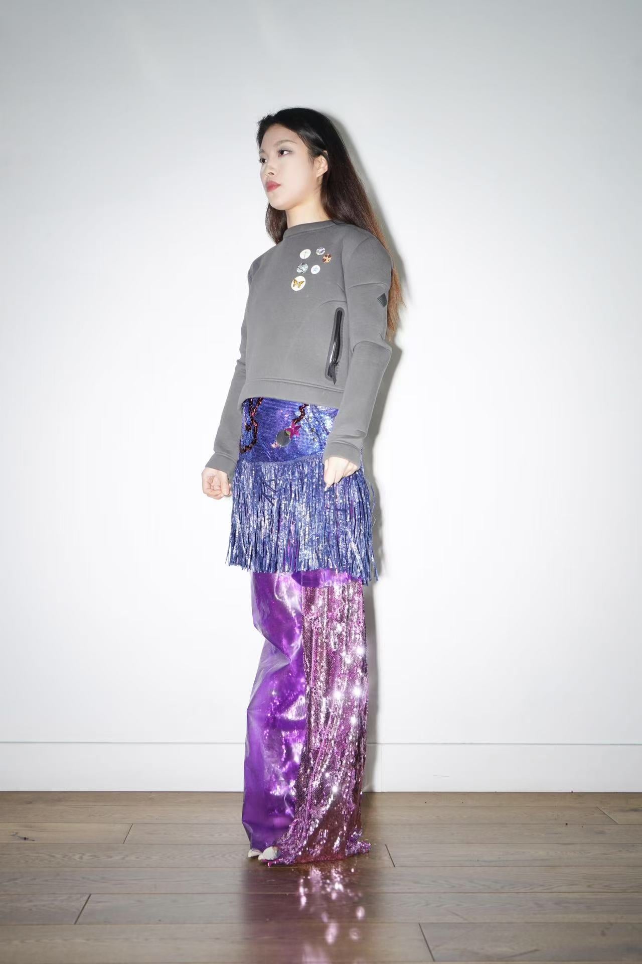 PE99Y YAN9 Asymmetrical Double Layered PVC Sequinned Trousers