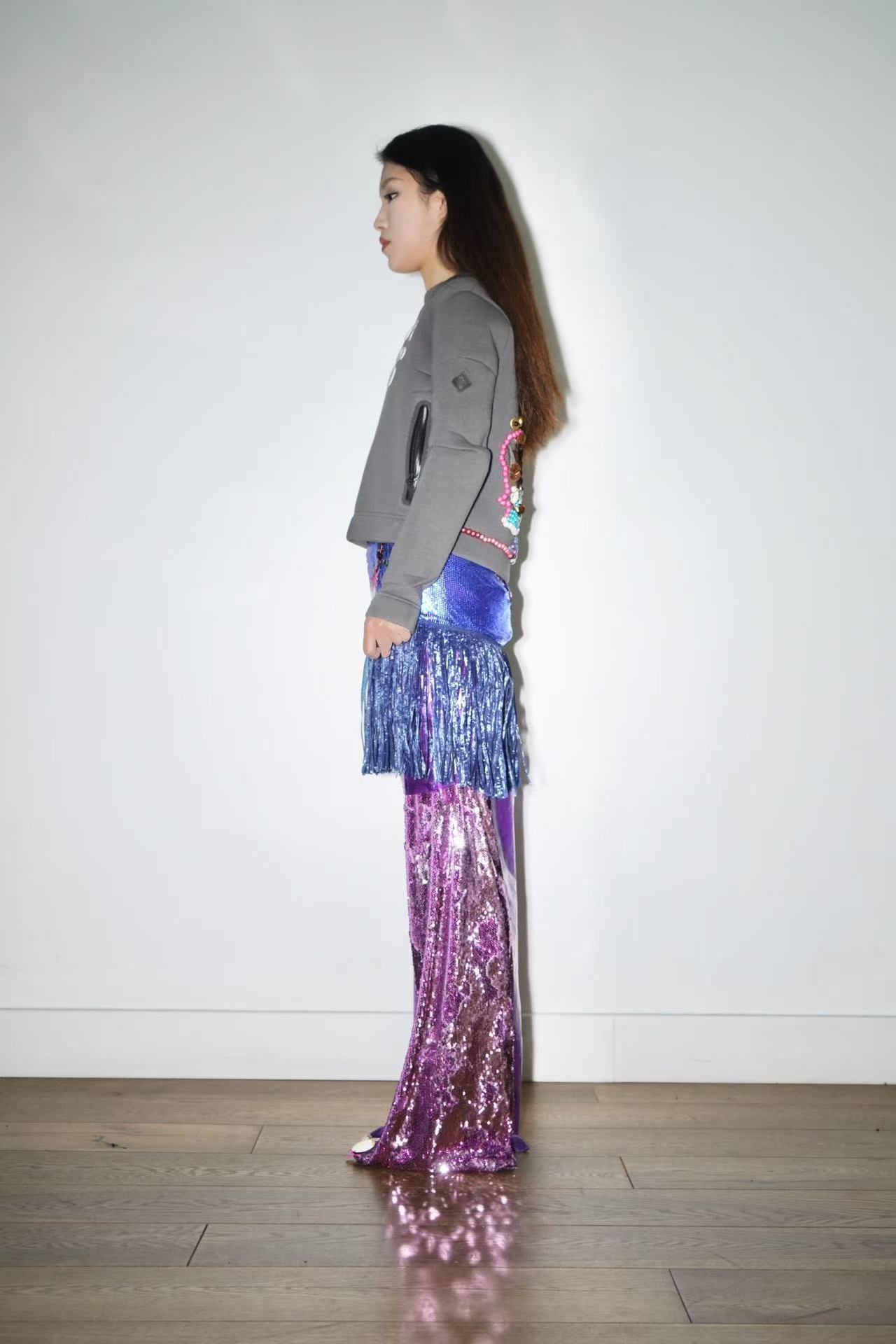 PE99Y YAN9 Asymmetrical Double Layered PVC Sequinned Trousers