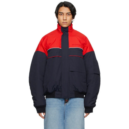 Balenciaga Men's Red and Navy Colour Block Down Ski Bomber Jacket