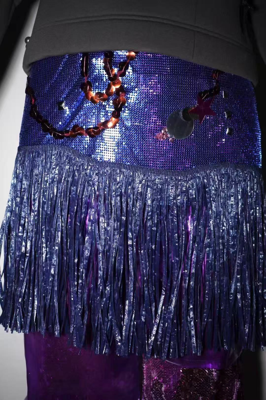 PE99Y YAN9 Blue Chainmail Embroidery Fringe Party Dress