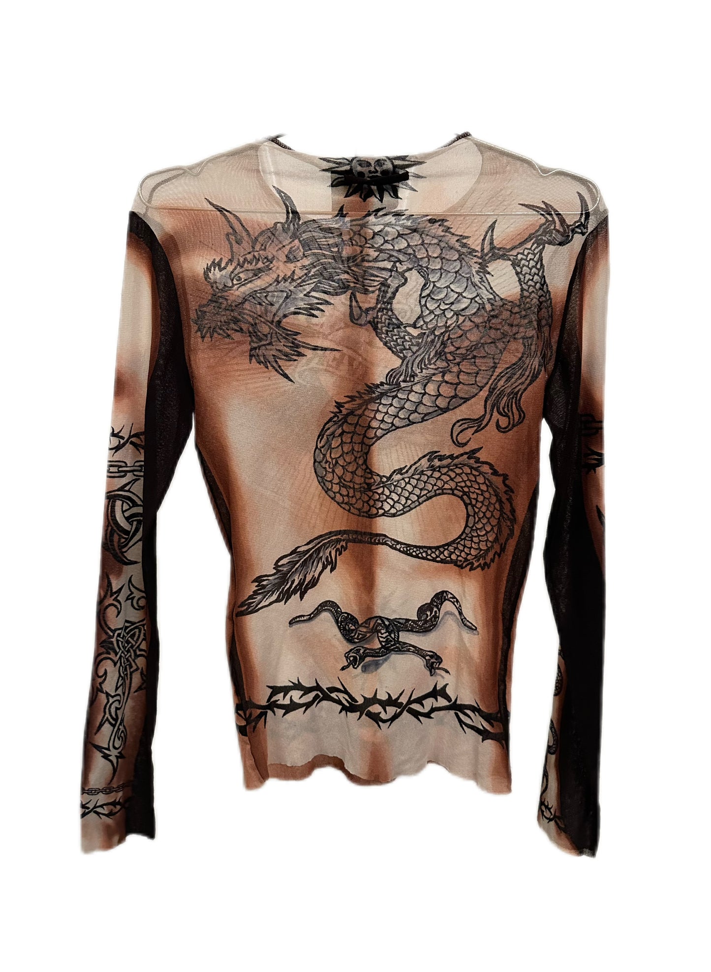 Jean Paul Gaultier Y2K Iconic Dragon Tattoo 'Safe Sex Forever' Mesh Top T-shirt