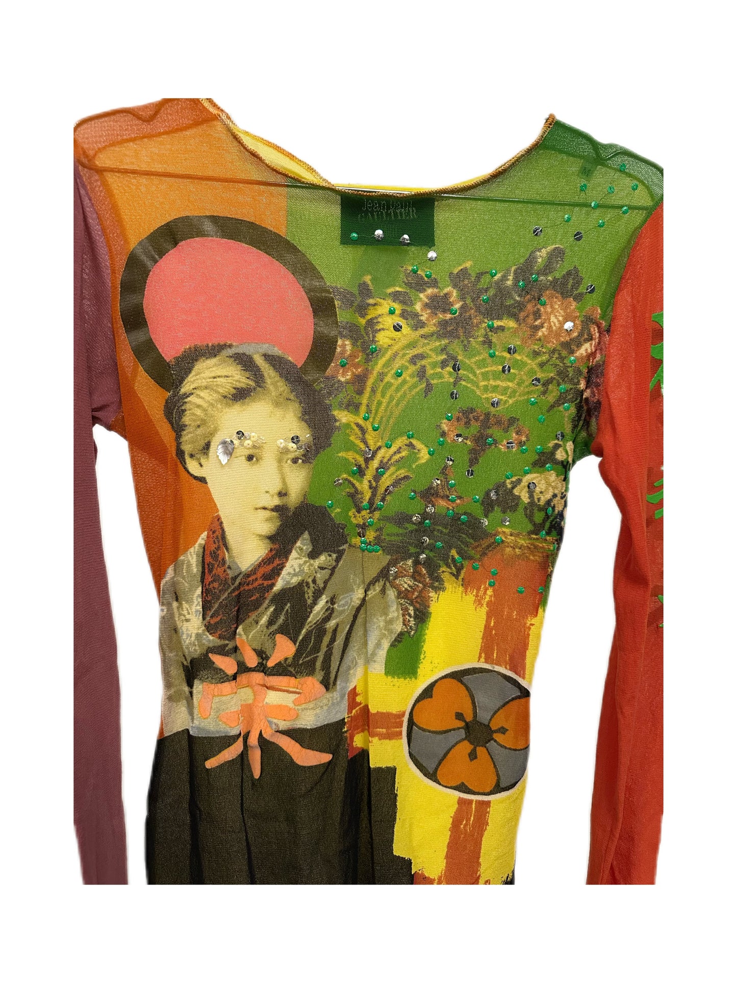 Jean Paul Gaultier Y2K Japanese Portrait Print Colorful Sequinned Mesh Top