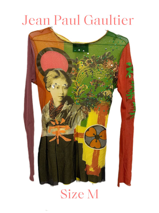 Jean Paul Gaultier Y2K Japanese Portrait Print Colorful Sequinned Mesh Top